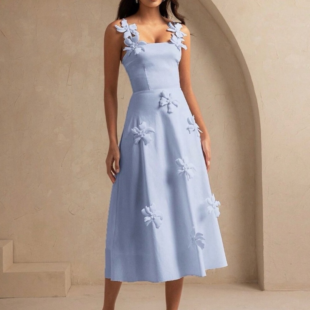 Dusty Blue Elegant Women's 3d Flower maxi dress